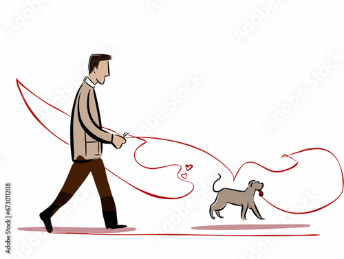 Drawing of Cartoon illustration of man walking his heart illustration separated, sweeping overdrawn lines.