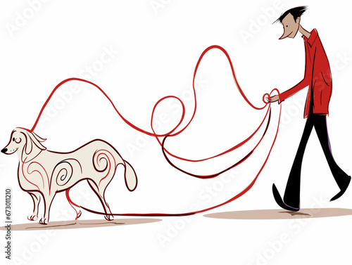 Drawing of Cartoon illustration of man walking his heart illustration separated, sweeping overdrawn lines.