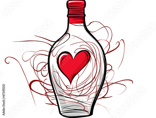 Drawing of Cartoon illustration of red heart inside a wine bottle illustration separated, sweeping overdrawn lines.