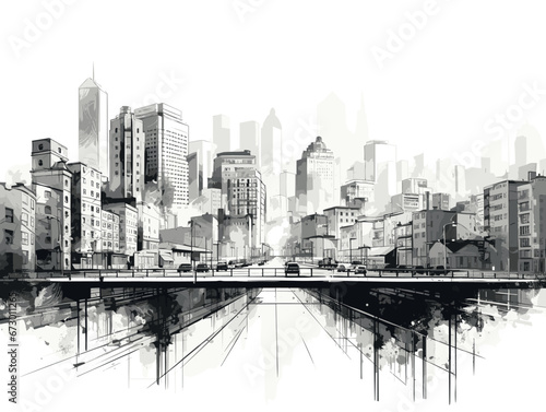 Murais de parede Drawing of City graphic black white cityscape illustration separated, sweeping overdrawn lines