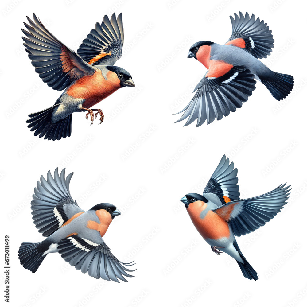 A set of Eurasian bullfinches flying on a transparent background A set of Eurasian bullfinches flying on a transparent background