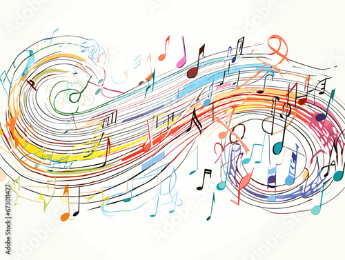Drawing of Colorful music sheet with notes illustration separated, sweeping overdrawn lines.
