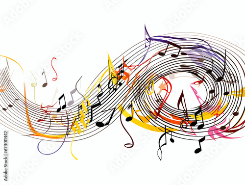 Drawing of Colorful music sheet with notes illustration separated, sweeping overdrawn lines.