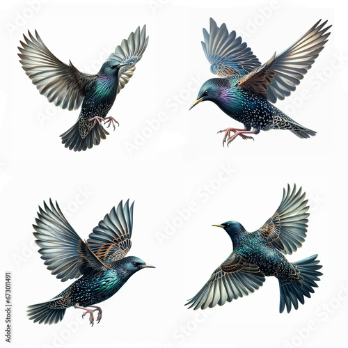 A set of male and female Common starlings flying on a white background © Shoofly 3D
