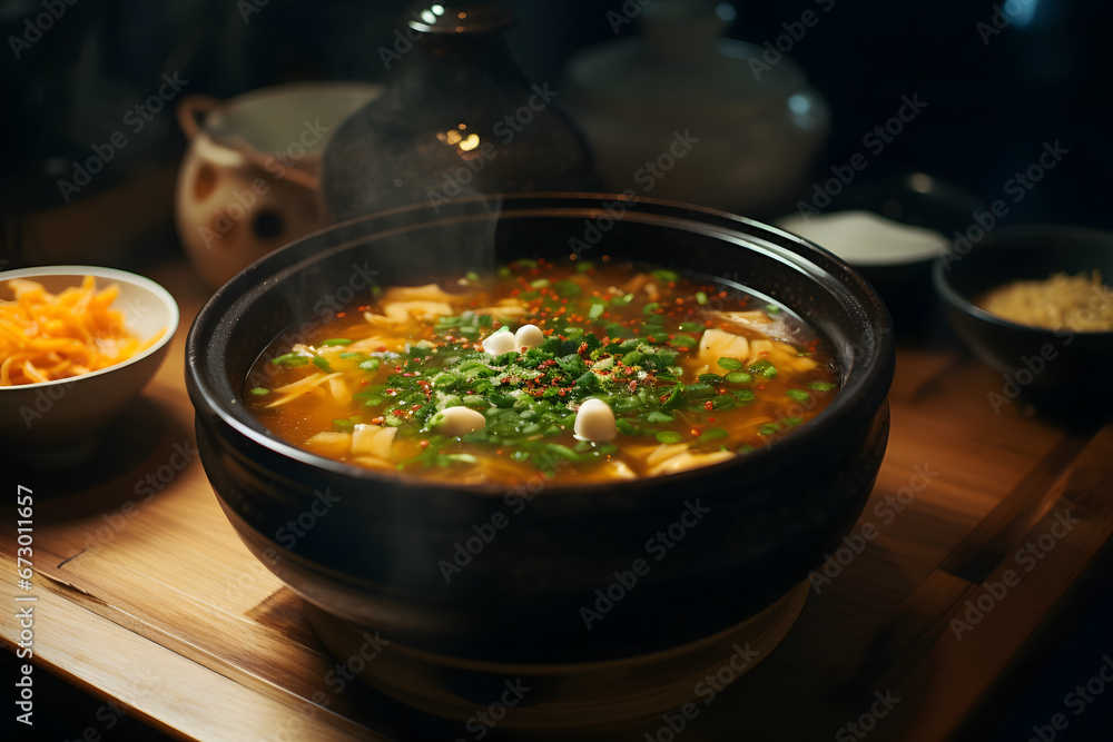 japanese food - miso soup in ceramic bowl in family-owned sushi restaurant