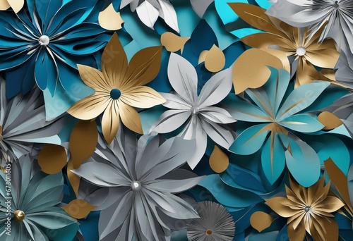 AI generated illustration of an abstract pattern with gold flowers against a blue background