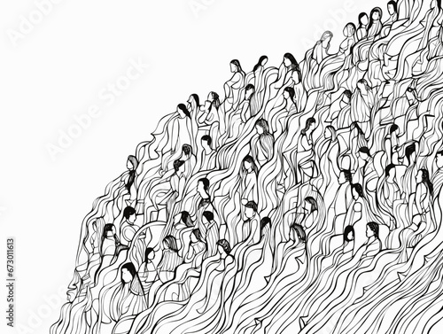 Drawing of Continuous line drawing of a diverse crowd illustration separated, sweeping overdrawn lines.