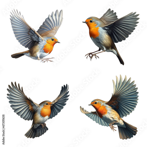 A set of male and female European Robins flying on a transparent background © DLW Designs