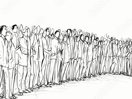 Drawing of Continuous line drawing of a diverse crowd illustration separated, sweeping overdrawn lines.