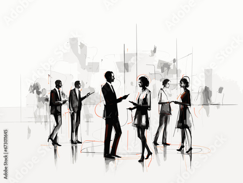 Drawing of Continuous line drawing of business people talking illustration separated, sweeping overdrawn lines.