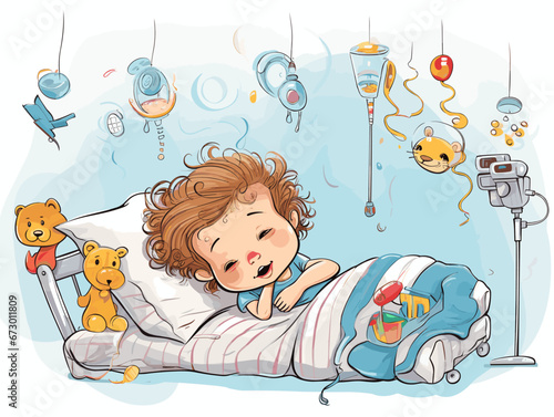 Drawing of Cute little girl lying in bed with her toys illustration separated, sweeping overdrawn lines.