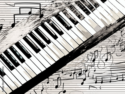 Drawing of Detail of a music keyboard with notes grunge background illustration separated, sweeping overdrawn lines.