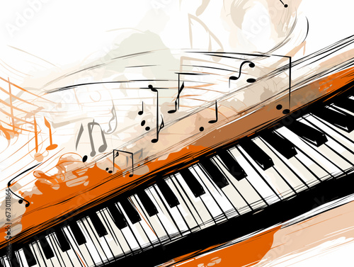 Drawing of Detail of a music keyboard with notes grunge background illustration separated, sweeping overdrawn lines.