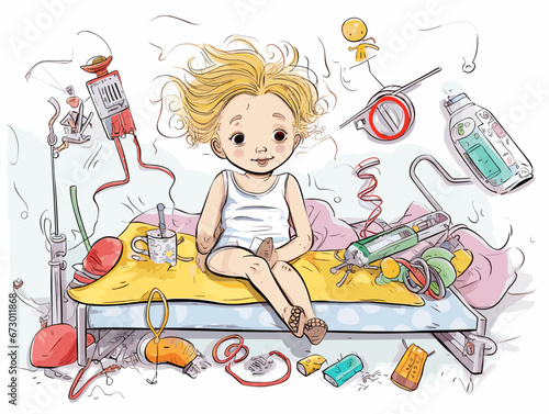 Drawing of Cute little girl lying in bed with her toys illustration separated, sweeping overdrawn lines.
