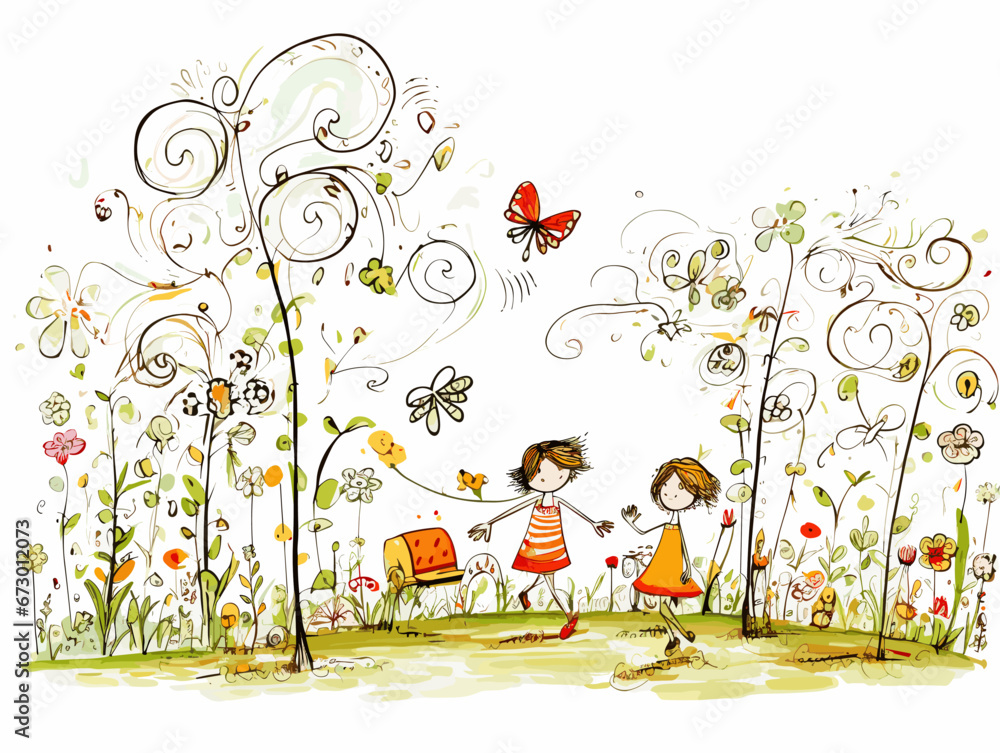 Drawing of Drawing garden children style illustration separated, sweeping overdrawn lines.