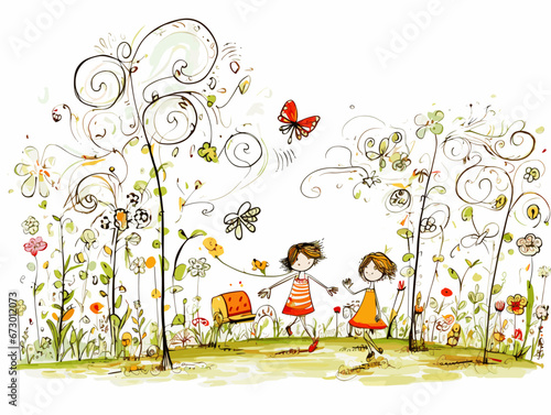 Drawing of Drawing garden children style illustration separated, sweeping overdrawn lines.