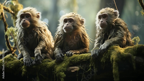 AI generated illustration of three primates perched on a moss-covered branch in a lush forest