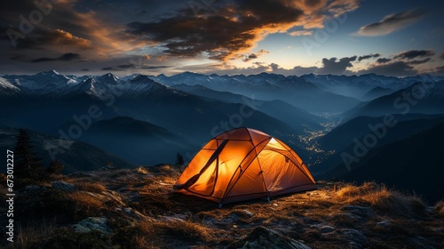 AI generated illustration of a camping tent atop a mountain peak