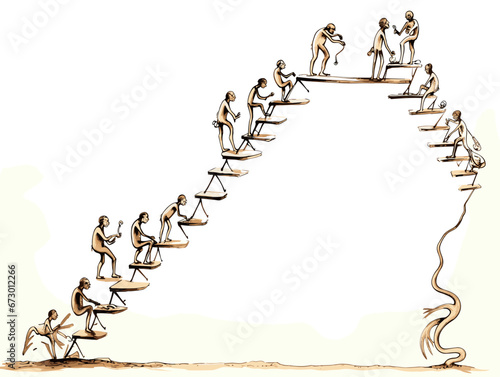 Drawing of Evolution climbing up the social ladder illustration separated, sweeping overdrawn lines.