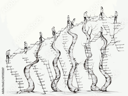 Drawing of Evolution climbing up the social ladder illustration separated, sweeping overdrawn lines.