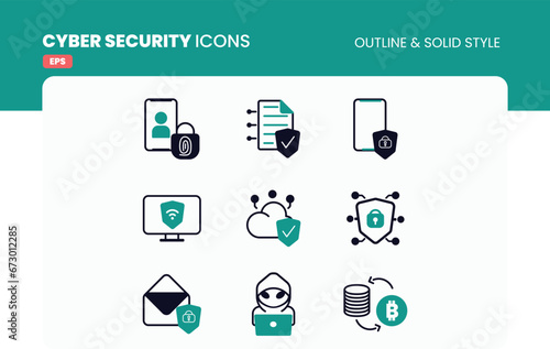 Cybersecurity outline and solid Style Icon Pack: Information Privacy, Data Protection. Glyph Pictograms on White Background. Isolated Vector Images