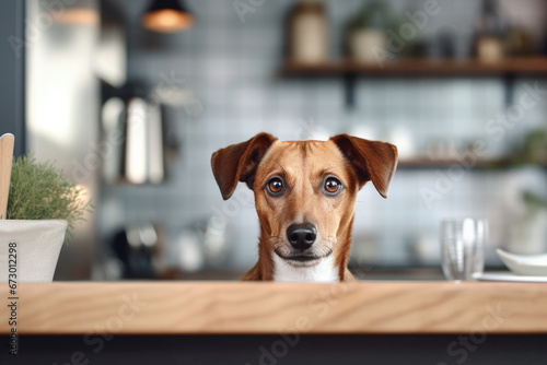 Dog sitting at the table and waiting for food