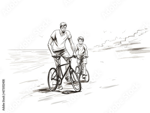 Drawing of Father and son learning to ride a bicycle at the beach illustration separated, sweeping overdrawn lines.