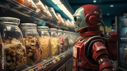 AI generated illustration of a red robot standing next to several jars of food in a retail store