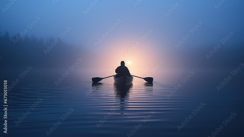 Solo canoer drifting on a calm river in a blue foggy atmosphere with a glowing amber light in distance