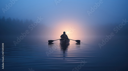 Solo canoer drifting on a calm river in a blue foggy atmosphere with a glowing amber light in distance