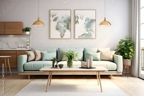 Living room interior with blue sofa, coffee table and plant. 3d render