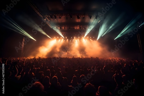 Concert crowd in front of bright stage lights with rays of light