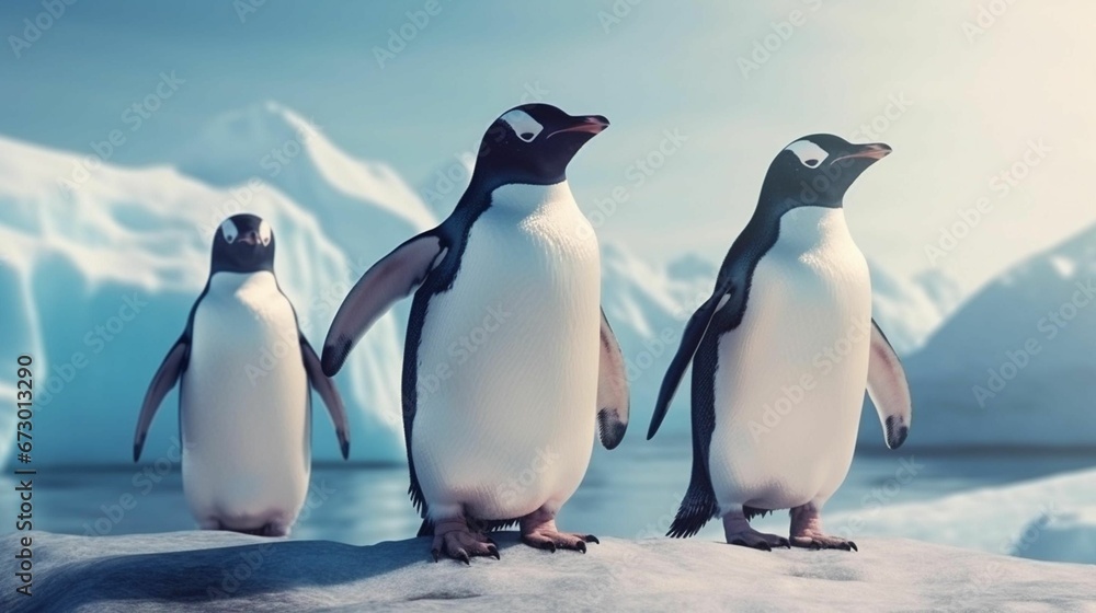 Fototapeta premium AI generated illustration of penguins perched atop a large iceberg, standing side by side in a line