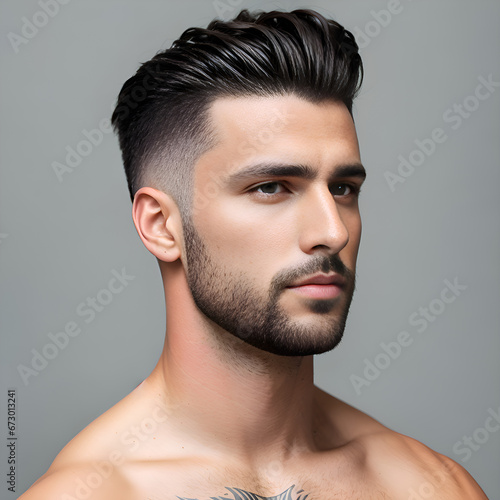 Man with short slicked back hairstyle on gray background