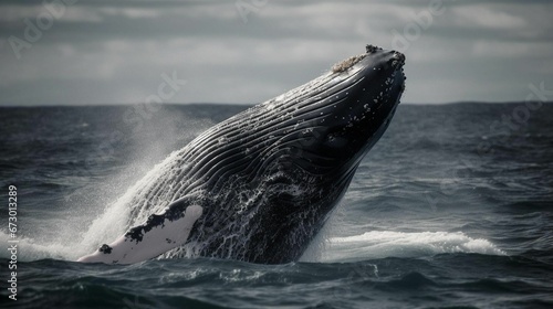 AI generated illustration of a majestic humpback whale breaching the ocean surface