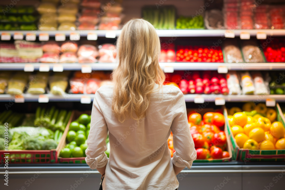 Rear view of a woman shopping for groceries, fruits and vegetables. In front of a colorful food display Rear view of a woman shopping for groceries, fruits and vegetables. In front of a colorful food display