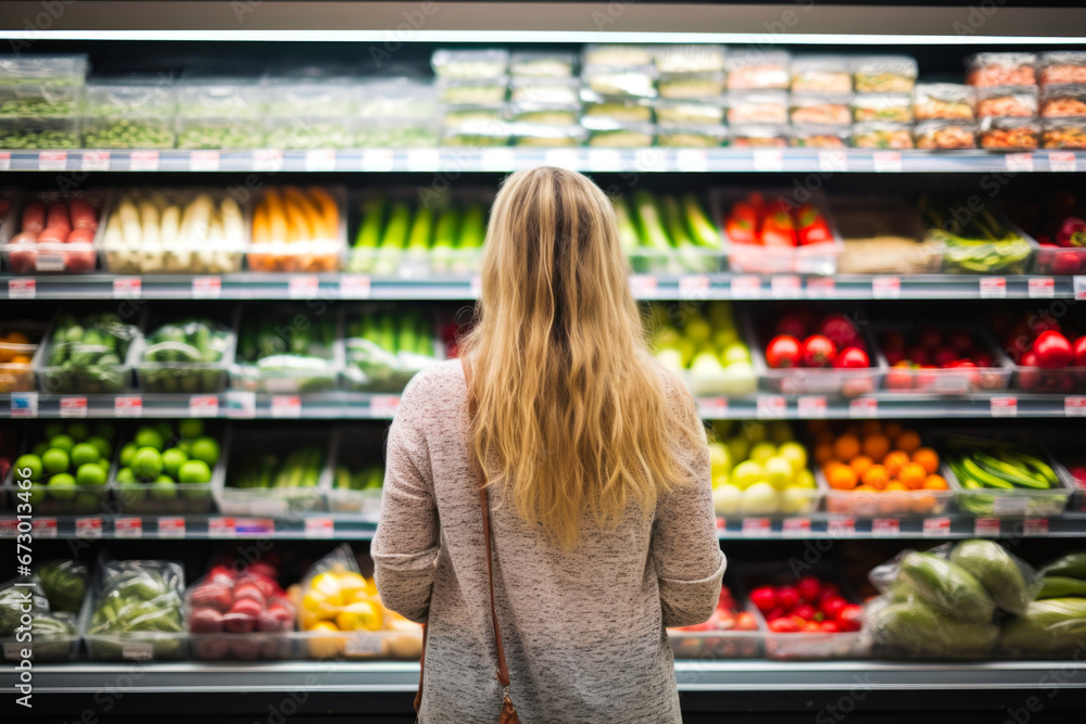 Rear view of a woman shopping for groceries, fruits and vegetables. In front of a colorful food display Rear view of a woman shopping for groceries, fruits and vegetables. In front of a colorful food display