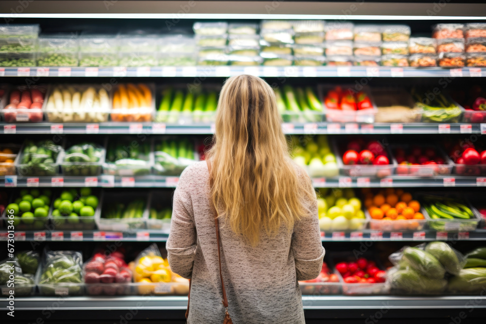 Rear view of a woman shopping for groceries, fruits and vegetables. In front of a colorful food display