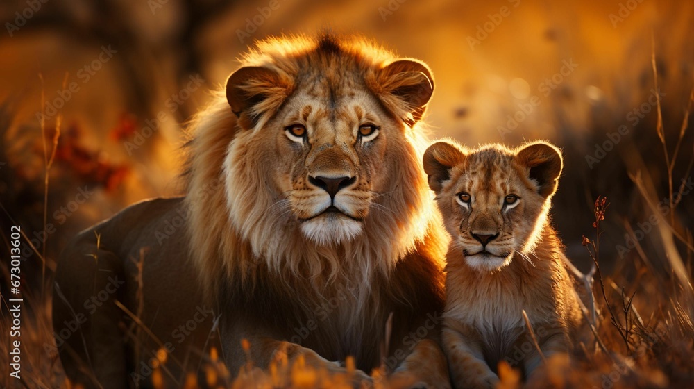 AI generated illustration of An African lion and its cub sitting in the wild savanna AI generated illustration of An African lion and its cub sitting in the wild savanna