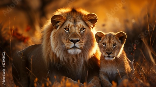 AI generated illustration of An  African lion and its cub sitting in the wild savanna