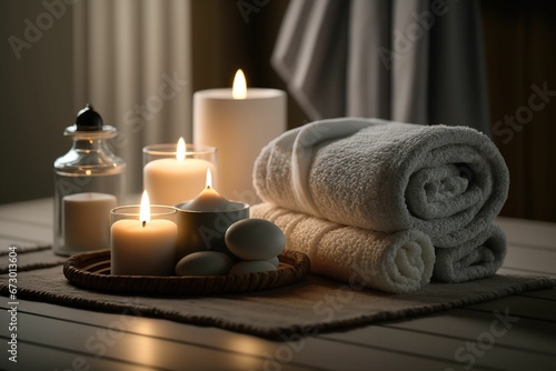 AI generated illustration of an array of towels and scented candles displayed on a wooden table
