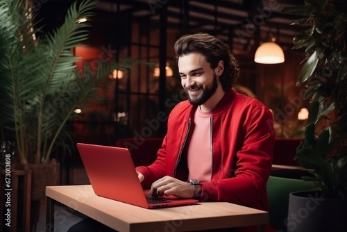 Man in stylish casual clothes using smartphone and laptop for electronic transactions, booking, online shopping. and pay while spending time at the coffee shop