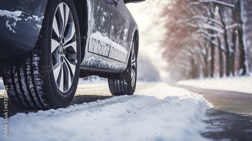 Winter Driving Safety Close-Up of Car Tire on Snow-Covered Road photo