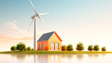 Una casa con turbinas eólicas de viento, concepto de energía renovable 