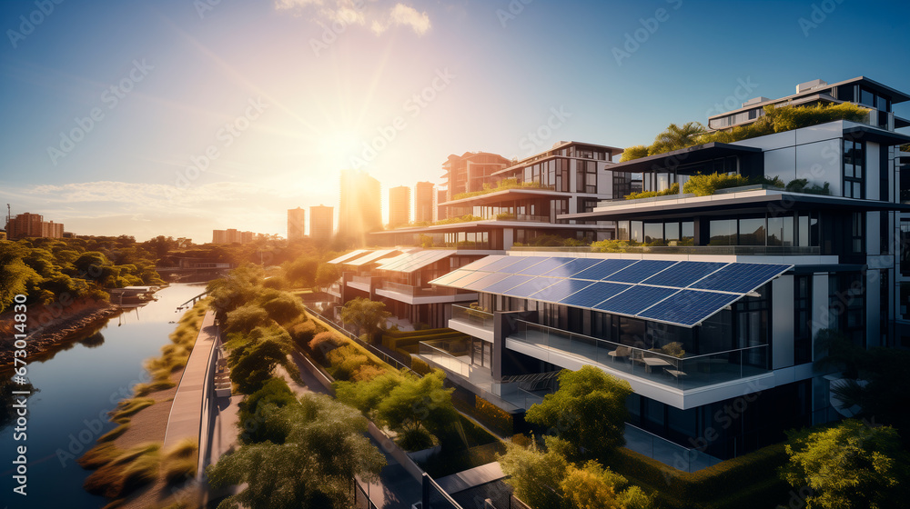 Obraz premium Vista aérea de paneles solares con edificios, cerca de un río