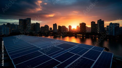 Imagen de paneles solares de un dron, atardecer y ciudad de fondo 