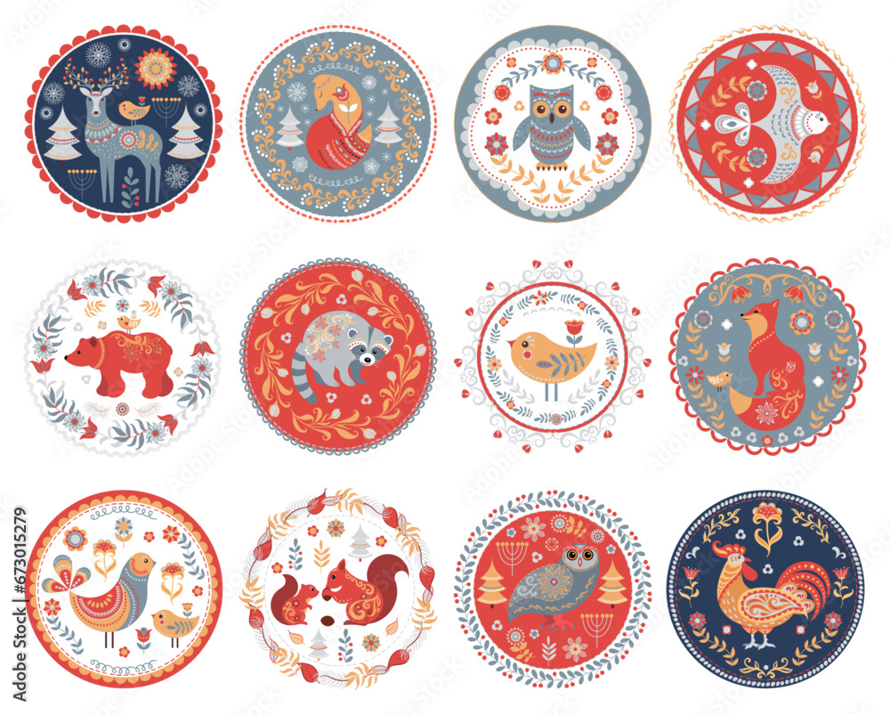 A set of 12 round compositions in folklore style. Animals, birds, patterned frames. Design for postcards, labels, stickers, logos, scrapbooking, printing on clothes. - obrazy, fototapety, plakaty 