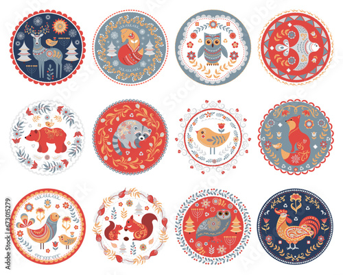 A set of 12 round compositions in folklore style. Animals, birds, patterned frames. Design for postcards, labels, stickers, logos, scrapbooking, printing on clothes.
