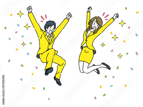 ジャンプする会社員の男女