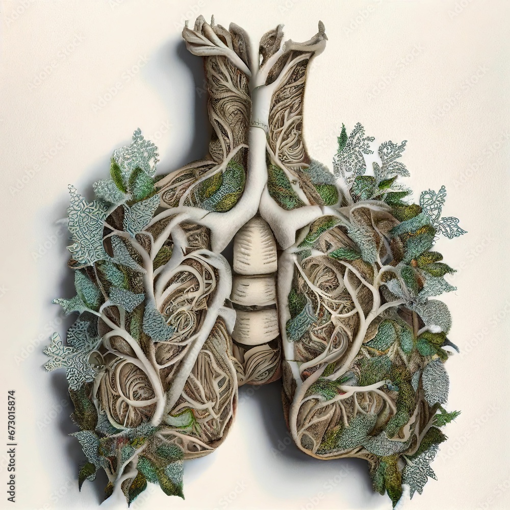 AI generated illustration of a cross section of a human lung with green